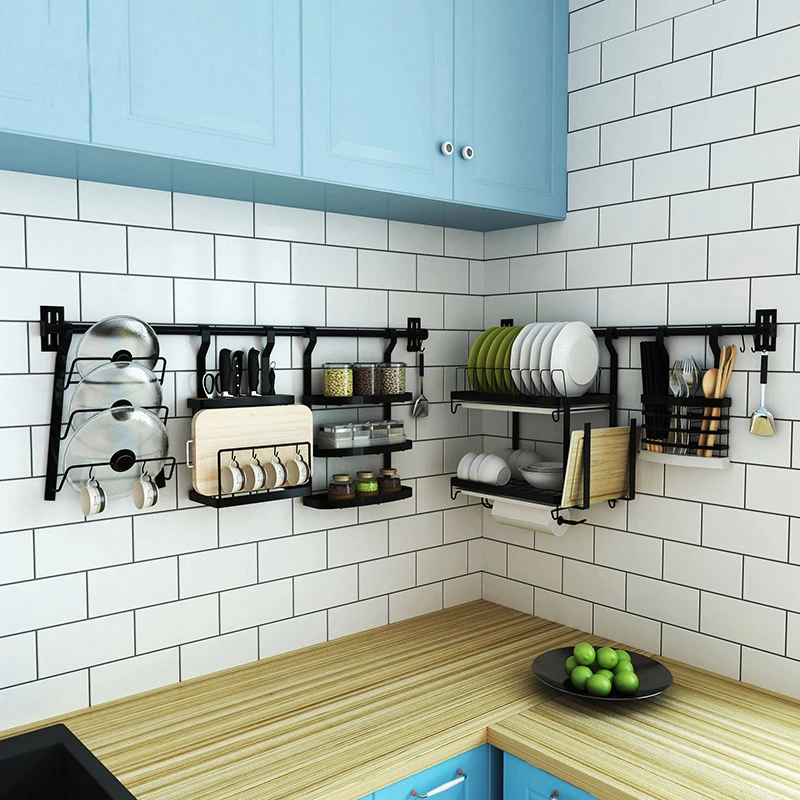 Stainless Steel Kitchen Rack DIY Wall Hanging Kitchen Shelf Pot Lid Seasoning Dish Racks and Holders Kitchen Organizer Tools