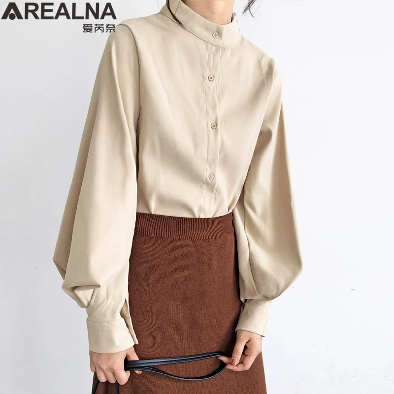 Blusas Mujer Moda Весенняя Элегантная блузка с воротником стойкой женская длинным