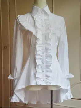 

Classic White/Black Turn Down Collar High Low Long Sleeve Lolita Blouse with Heavy Ruffles