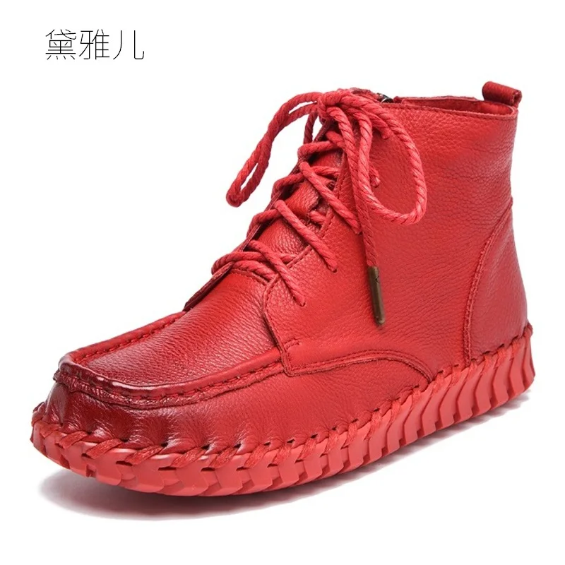 

Handmade Red 2018 Heel Flat Ankle Boots for Women Genuine Leather Ladies Shoes Woman Girl Lace-UP Zipper Black