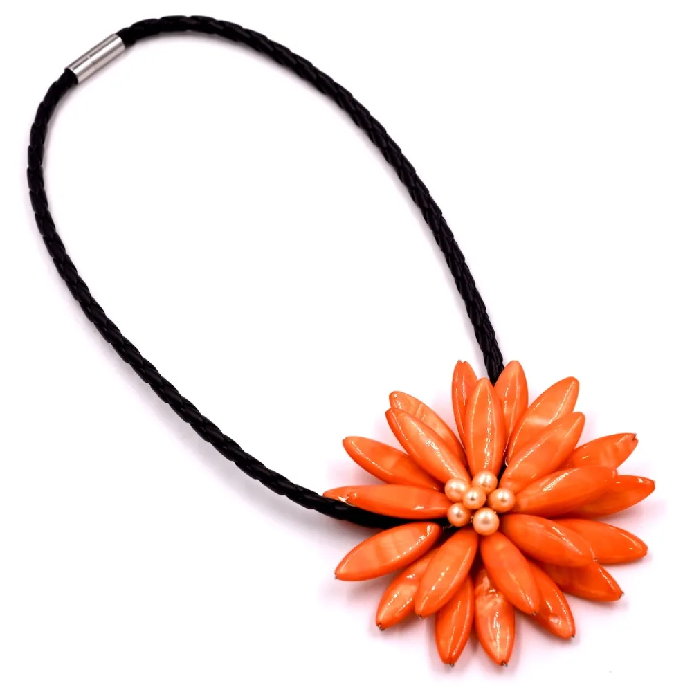 Модные ювелирные изделия ручной работы пресноводный жемчуг оранжевый цветок жемчуг ожерелье с тканой кожей