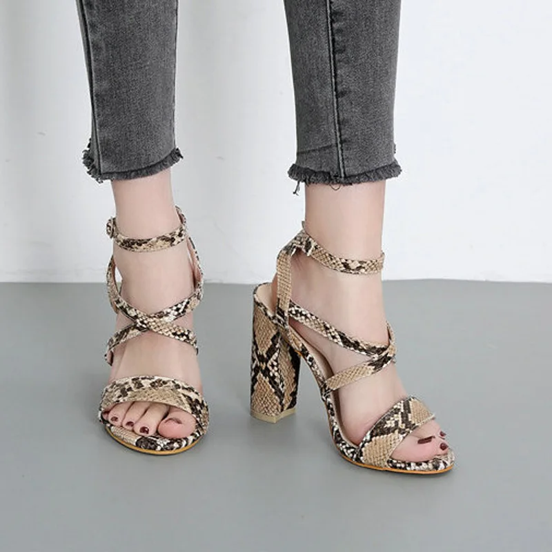 

New Summer Fashion hight quality shoes Women Snakeskin pattern Sandals Heel Pumps lady Sexy Round Toe 10.5cm Shoes PB-25