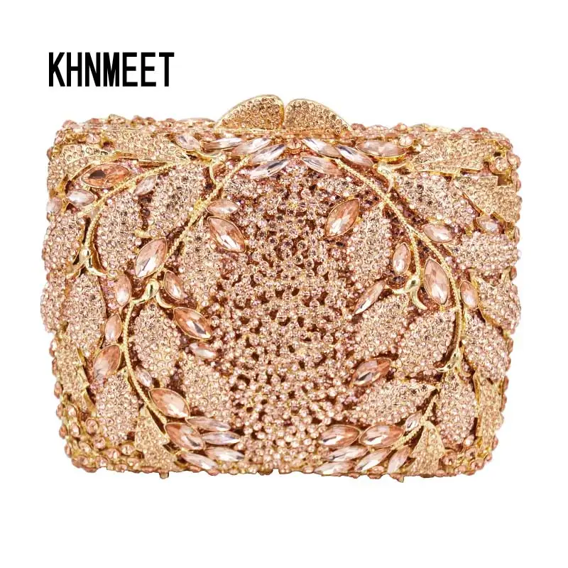 KHNMEET 나뭇잎 럭셔리 샴페인 크리스탈 다이아몬드 클러치 백, 스퀘어 파티 지갑, 여성 포쉐 박스, 이브닝 백, 핸드백 sc537 