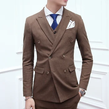 

( Jacket + Vest + Pants ) Men's Fashion Boutique Wedding Dress Suit Three-piece Suits / Male Slim Double-breasted Business Suits