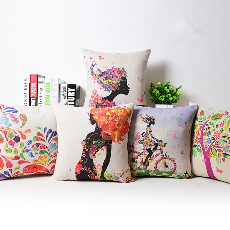 Cushion Covers Flower Tree Girl Bicycle Cotton Linen Bedroom Office 18x18 inche Euro Pillowcase ...