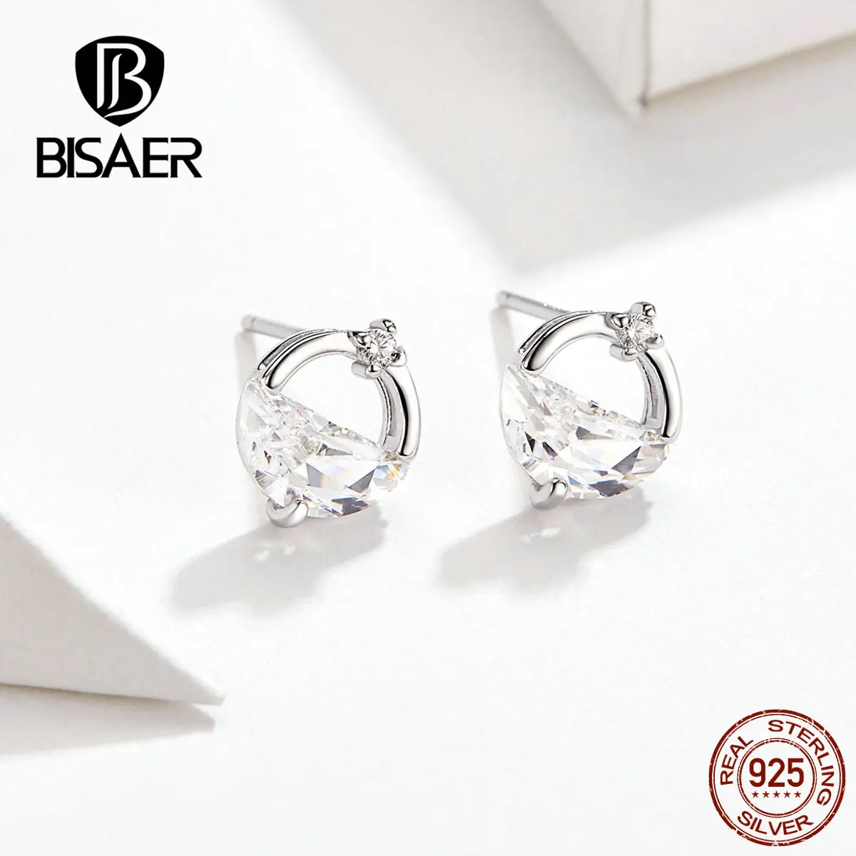 BISAER, циркониевые серьги, 925 пробы, серебро, прозрачный кубический циркон, Круглый Круг, маленькие серьги-гвоздики для женщин, свадебные ювелирные изделия EFE167