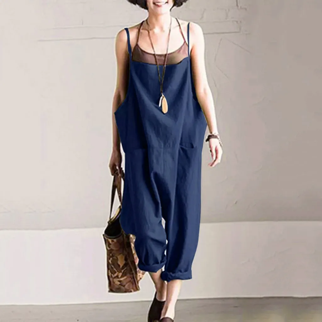 

Overalls for Women Summer Retro Cotton Linen Rompers Solid Strap Pockets Long Wide Leg Womens Jumpsuits 2019 Overalls Plus Size