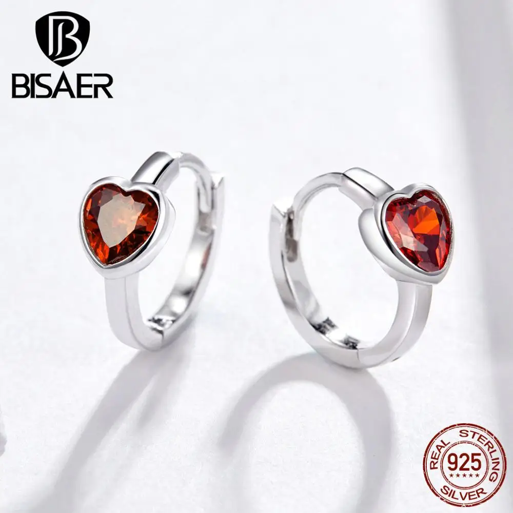 Bisaer, серьги, 925 пробы, серебряные, серьги-кольца, Уникальная любовь, красное сердце, серьги для женщин, роскошные ювелирные изделия, лучшие подарки HVE084