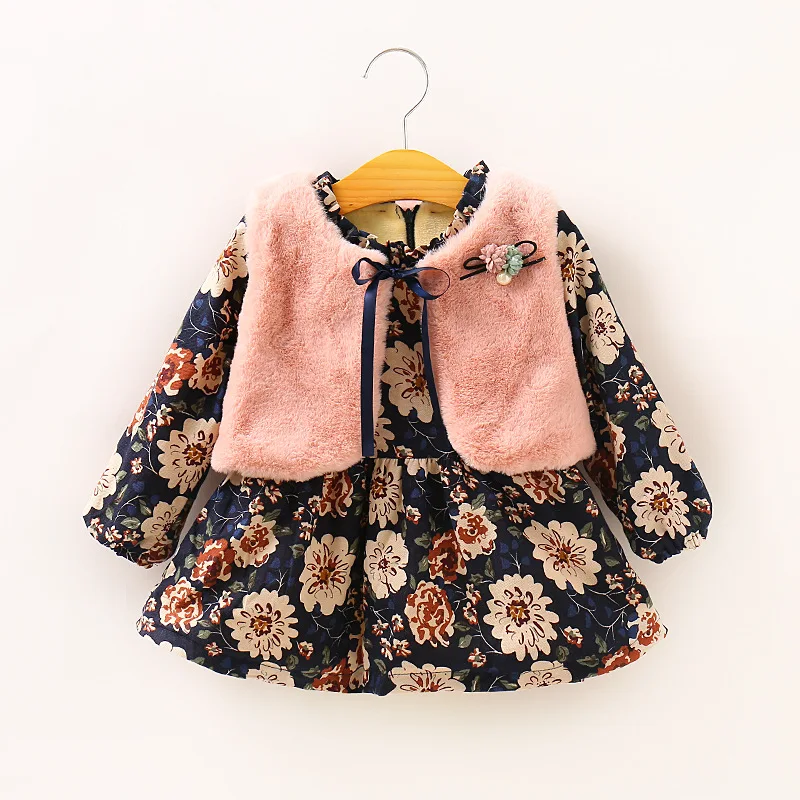 

Autumn Spring Baby Girls Princess Dress Long-sleeved Floral Plus Velvet Dress +Faux Fur Vest 2pcs Baby Girls Clothes For 1-5Yrs
