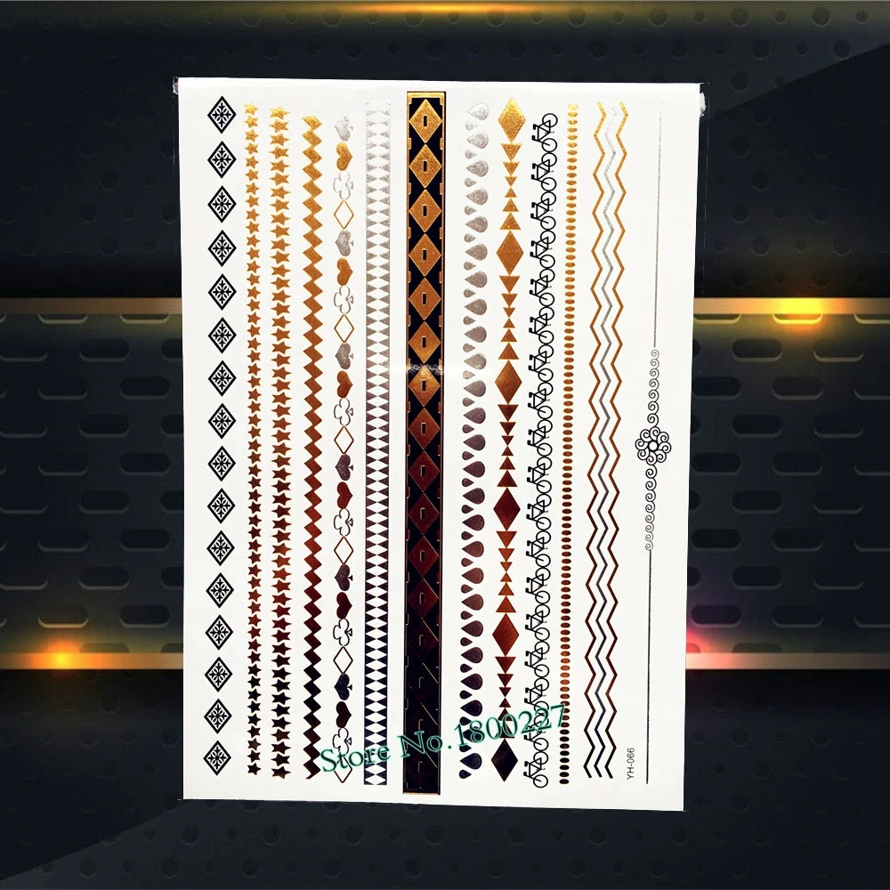 Fashion Flash Gold Brown Tattoo Grid Waterdrop Chain Bracelet Design Arm Leg Jewelry 21x15CM Waterproof Temporary Sticker | Красота и