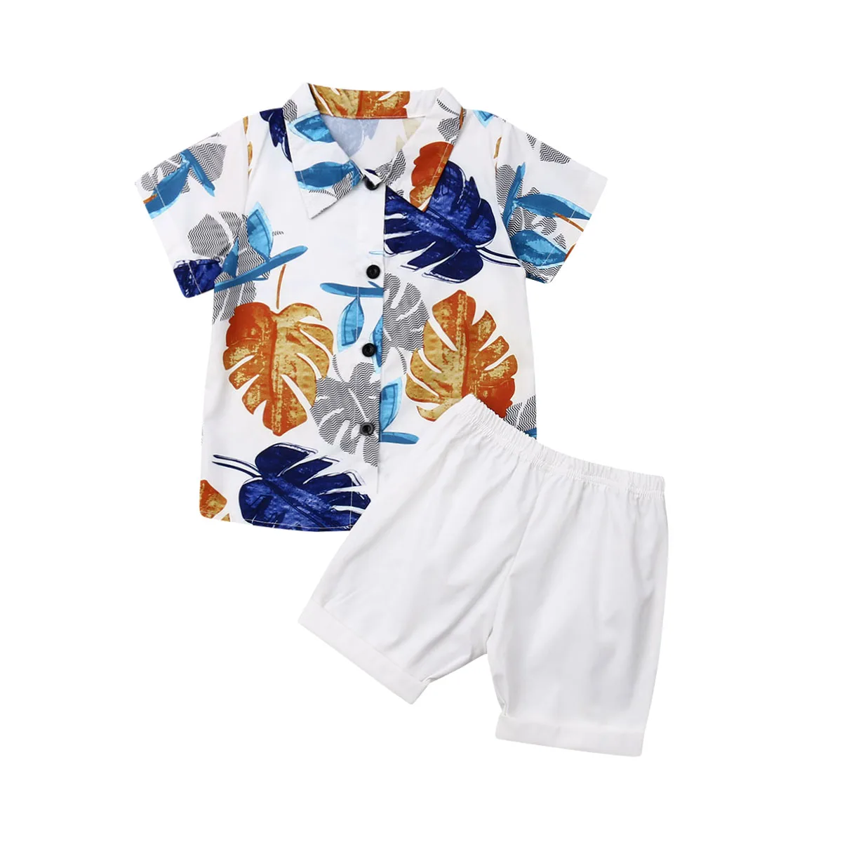

Toddler Kid Boys Leaf Print Tropical Button Down Shirt + White Short Pants 2Pcs Summer Clothes Set