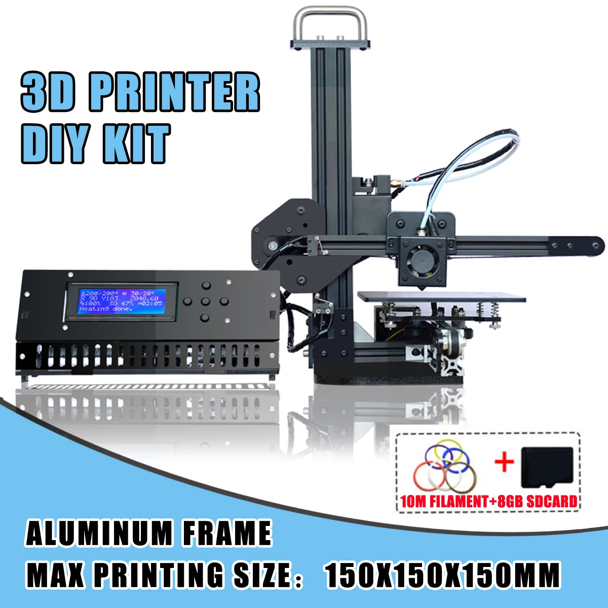 

150x150x150mm 3D Printer DIY Kit Threaded Rod Parts Components w/SD Slot USB Interface Free 1Roll Filament 8GB SD Card Gift