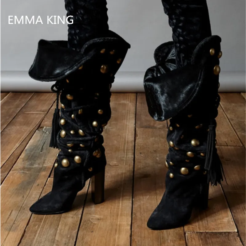 

Winter Women Knee High Boots Chunky High Heels Shoes Rivets Fringe Design Fashion Woman Botas Mujer Pointed Toe Pleated Booties