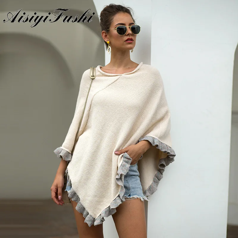 

AISIYIFUSHI Loose Sweater Shrug Women Ruffled Hem Cape Poncho Shawl Oversized Sweater Winter Woman Sweater Knitting Pullovers