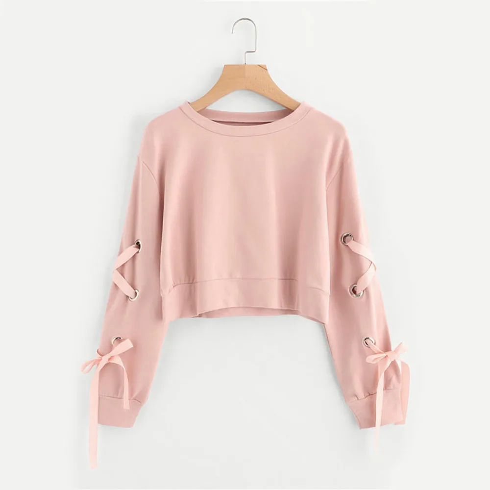

New Eyelet Tether Sleeve Crop Sweatshirt Autumn Pink Round Neck Cute Pullovers 2019 Women Long Sleeve Casual Sweatshirt