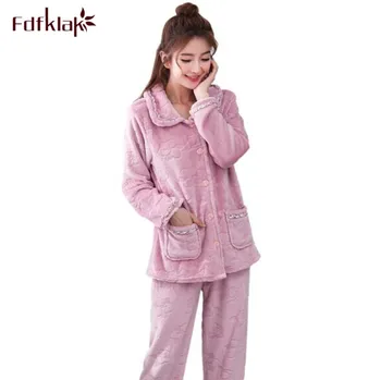 

Fdfklak New autumn winter pajamas for women long sleeve flannel pajama set women's sleepwear pijama warm home suit pyjama femme