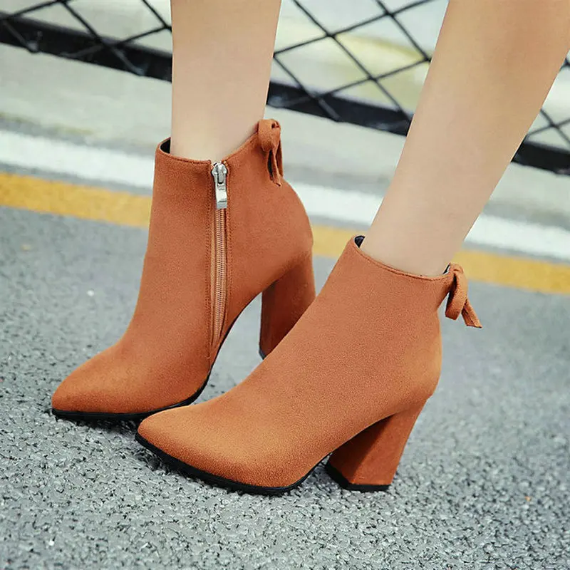 

Women Flock Ankel Boots Hoof Heel High Heel Fashion Booties Pointed Toe Zipper Bow Fall Winter Ladies Shoes Yellow Black Red