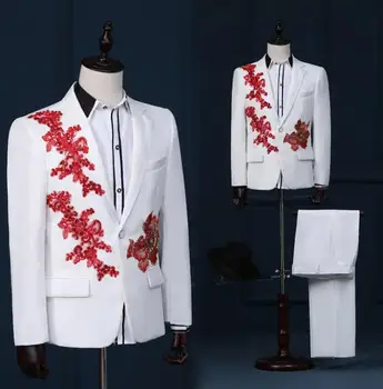 

Stage sequins clothing for men suit set with pants white mens wedding suits costume groom formal dress singer star style dance