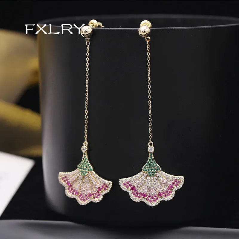 

FXLRY Luxury Beautiful Multicolor Cubic Zirconia Jewelry Fan Shape Fashion Brand CZ Wedding Earring For Women