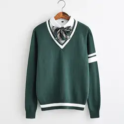 JK свободные размер свитер милые мягкие темно-зеленый цвет сладкий нежный один рукава двумя полосками свитер в полоску