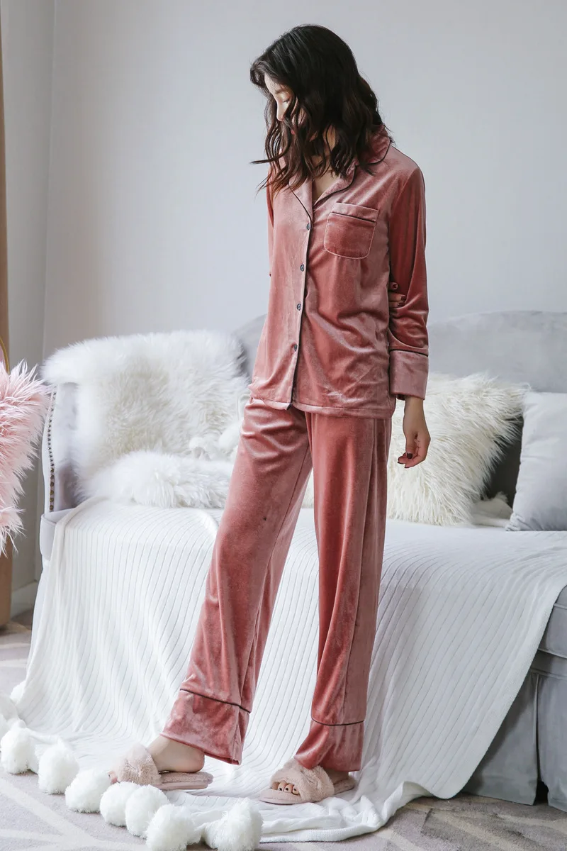 winter design thick velvet women's pajamas sets turn down collar female