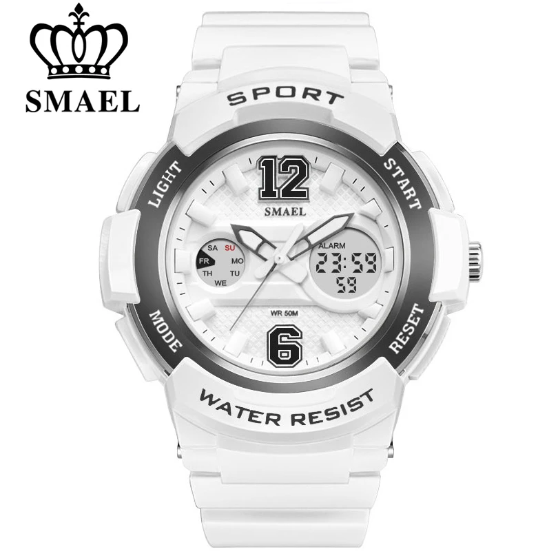 SMAEL White PU Watchband Women Dual Display Wristwatches Women's Quartz Watch Lady Fashion Watches 30M Waterproof Relojes Mujer afbeelding