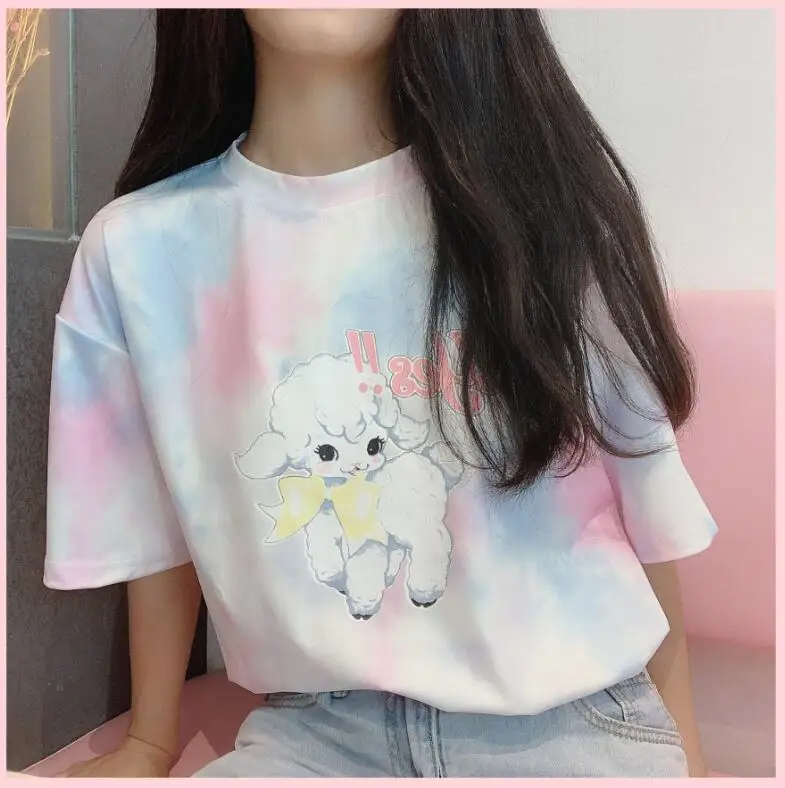 Japanese Girls'Daily Mild Sheep Gradually Change Half Short-sleeved Ins Fire Tie-dyed Cool Girls TX6