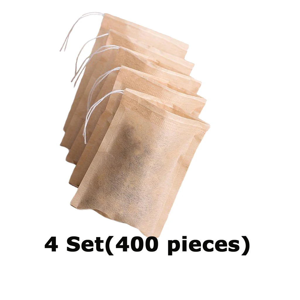 4 Set for 400 Pcs Empty Teabags Tea Filter Bags Disposable Tea Infuser Drawstring Loose Leaf Tea 7x5cm
