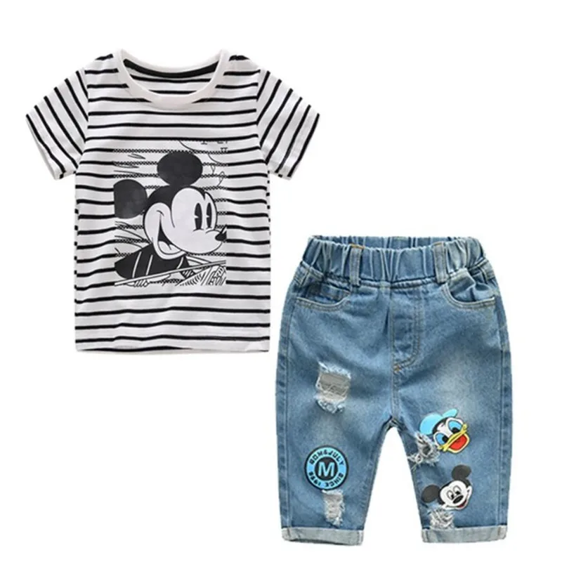

2pcs New baby Boys Girls Summer Cartoon clothing Striped T Shirt + Denim Shorts Clothes set toddler Kids Hole Jeans Clothing