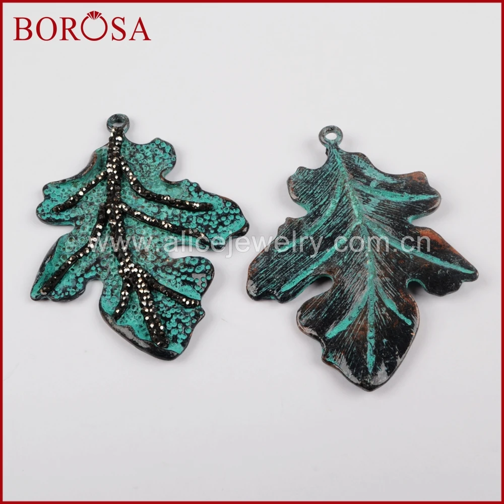 

BOROSA Leave Carved Bronze Charm,Rhinestone Paved Charm Druzy,High Quality Fashion Charm Pendant for Women Necklace JAB743