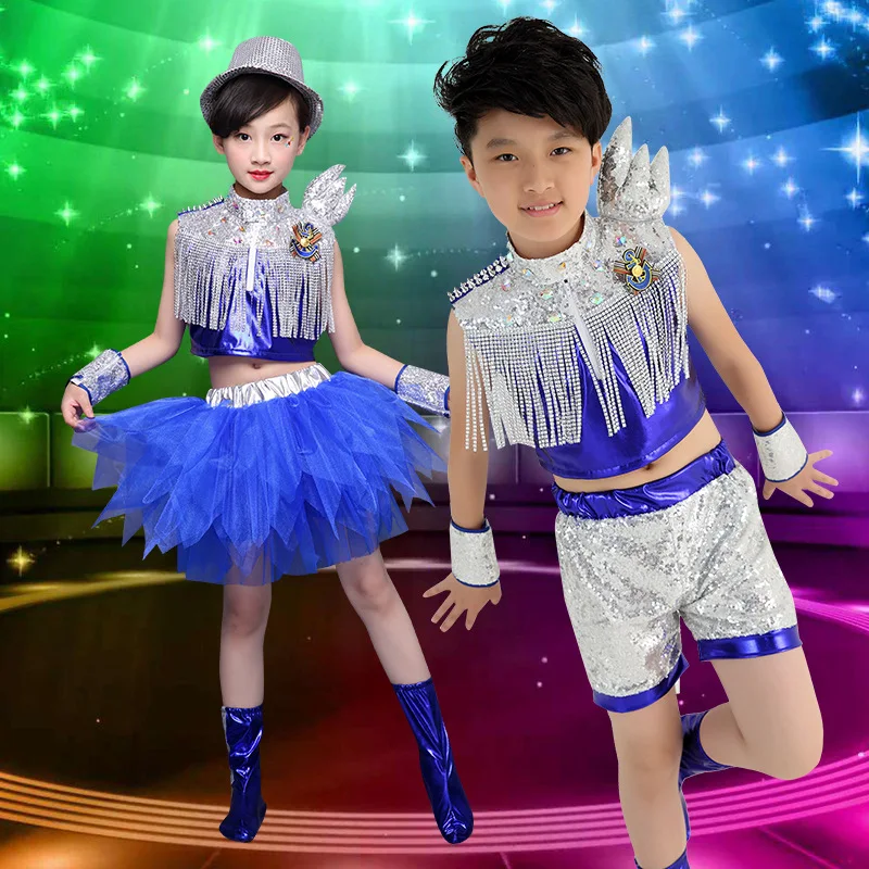 

Kids jazz Dance Costumes For Kids Blue Modern Dance Costumes Hip Hop Costume For Kids Cirls Sequins Tassels Stage Costume