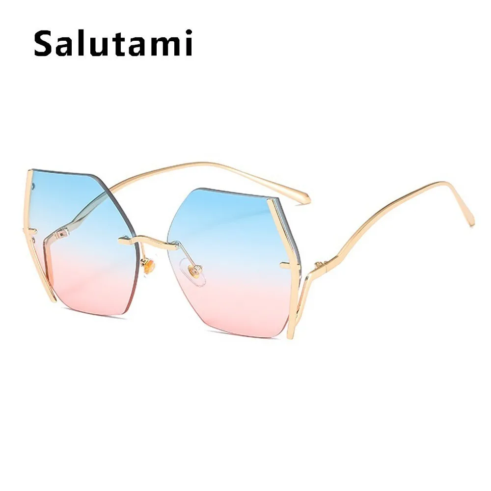Женские солнцезащитные очки "кошачий глаз" без оправы,, брендовые, сплав, бескаркасные, прозрачные, солнцезащитные очки для девушек, Ретро стиль, большие градиентные оттенки - Цвет линз: blue pink