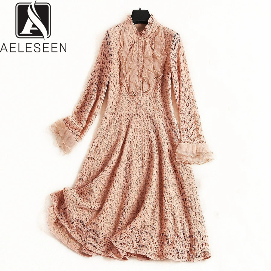 

AELESEEN High Quality Fashion Elegant Lace Dress 2019 Runway Hollow Out Floral Embroidery Ruffles Beading Knee-Lengrh Dress