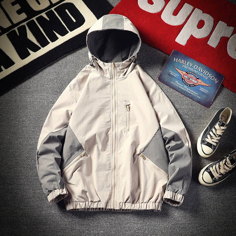

Autumn New Jacket Men Fashion Retro Contrast Color Casual Hooded Jacket Man Streetwear Wild Hip Hop Loose Bomber Jacket M-2XL