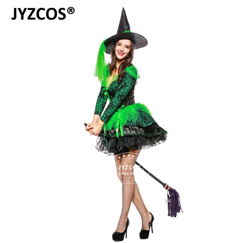 JYZCOS Sexy Green Witch Costume Masquerade Party Halloween Costumes for Women Lace Fancy Dress