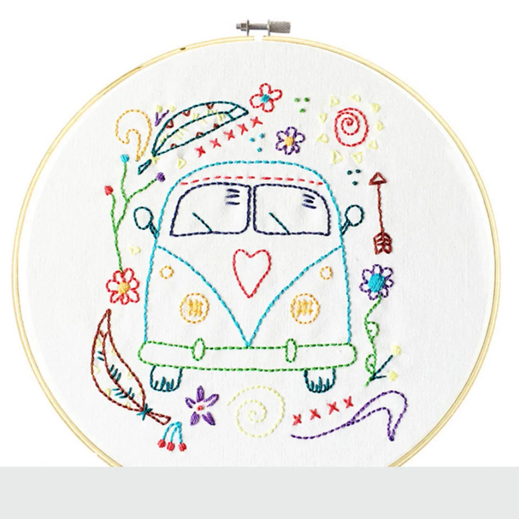 Hand Embroidery Starter Kit For Beginner Include Embroidered Cloth Threads Needles Cartoon Bus DIY Home Decor Sewing Accessories