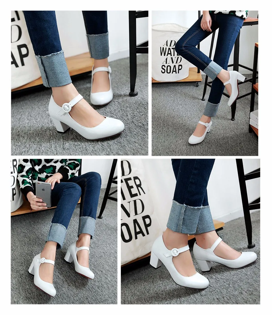 Meotina Women Shoes Mary Jane Ladies High Heels White Wedding Shoes Thick Heel Pumps Lady Shoes Black Pink Beige Plus Size 43 10 9