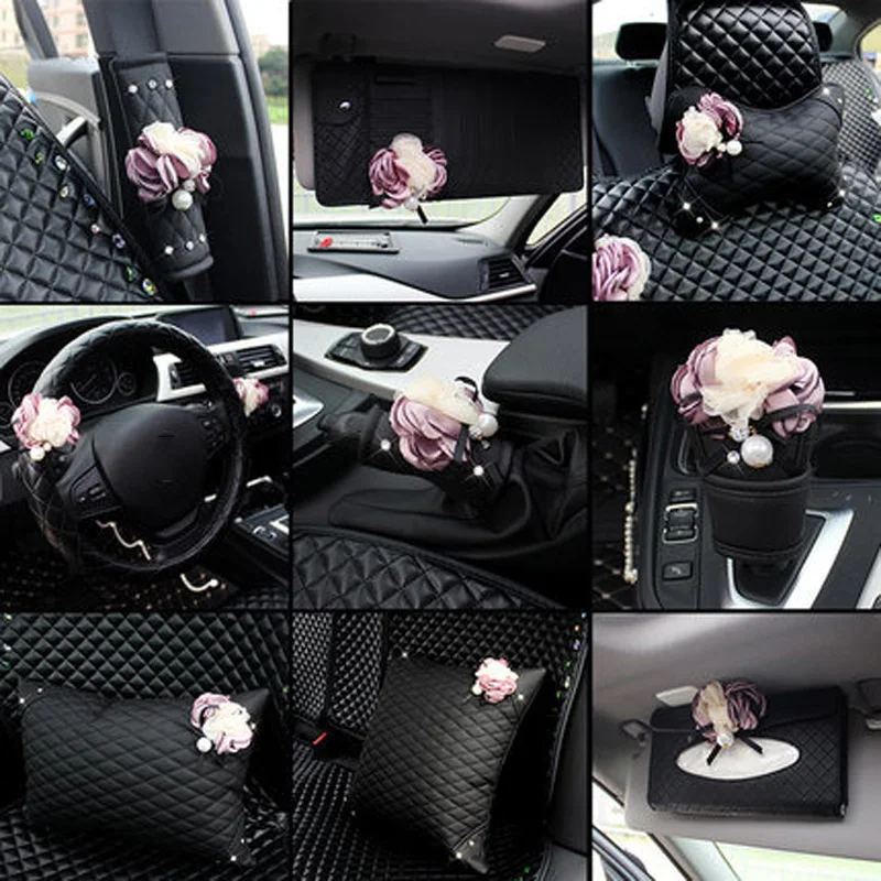 

Butterfly Flower Car Seatbelt Shifter Handbrake Cover Set Steering Wheel Cover Neck Pillow Sun Visor Tissue Bag Auto Accessories