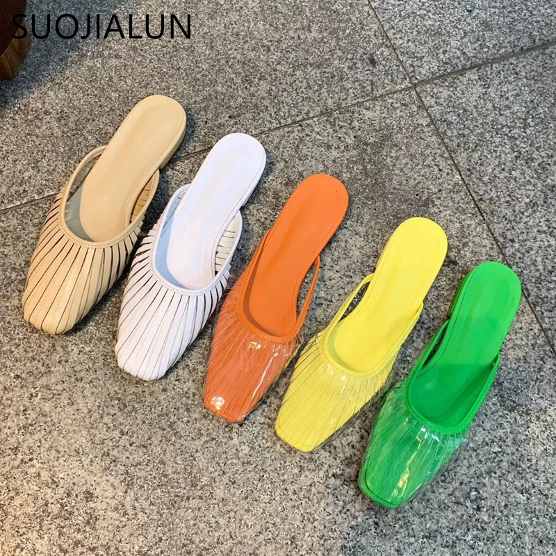 

SUOJIALUN 2019 New Women Slippers Luxury Brand Mules Fashion Transparent Hollow Stripe Slides Ladies Sandal Female Flip Flop