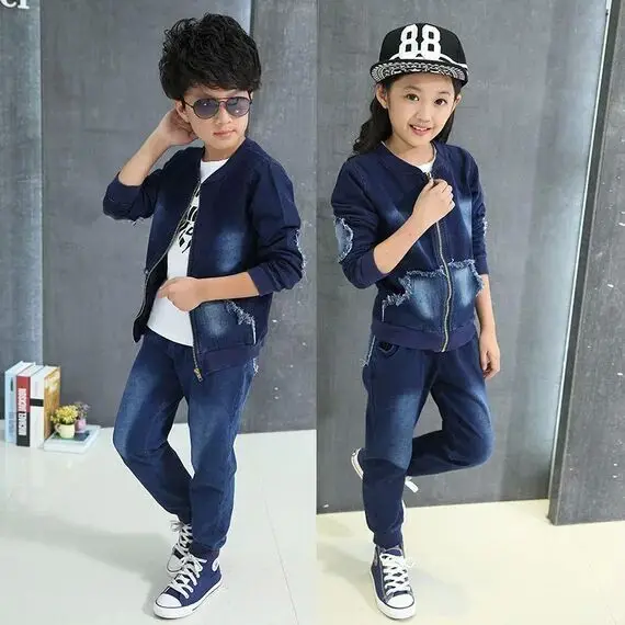 kids jeans for girls boys sets teenage baby jacket children coat long pant 2 pcs age