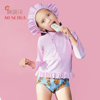 

AONIHUA 2017 Pink Pineapple printed Ruffles Two piece Swimsuit Girls kids Pink swimwear summer Children long sleeve bathing suit