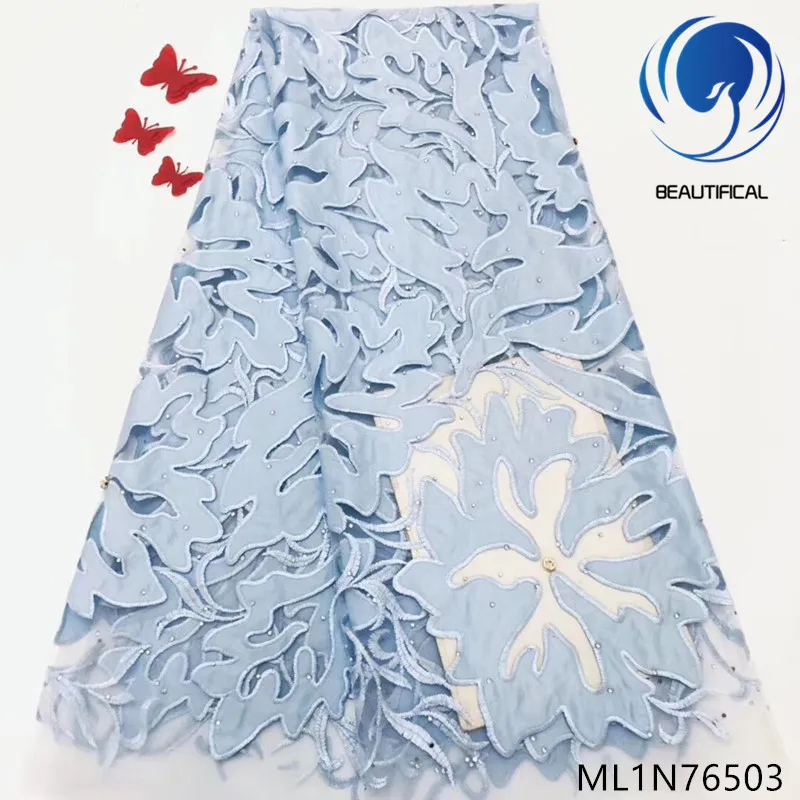 

BEAUTIFICAL high quality french lace blue lace african fabric with rhinestones fabric 5 yards/lot for lady dresses ML1N765