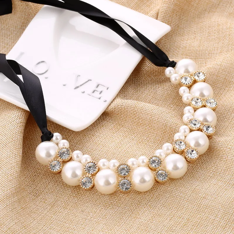 

Wholesale Imitation Pearl Chokers Necklace White/Black Beads Rhinestone Ribbon Necklaces & Pendants Statement Necklace For Women