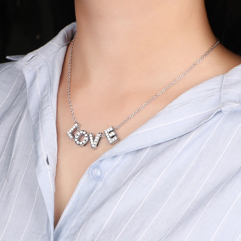 CHUKUI Stainless Steel Rhinestone Pendant Women Female Necklace Pendant Crystal Letter Initial Necklace Silver (2)