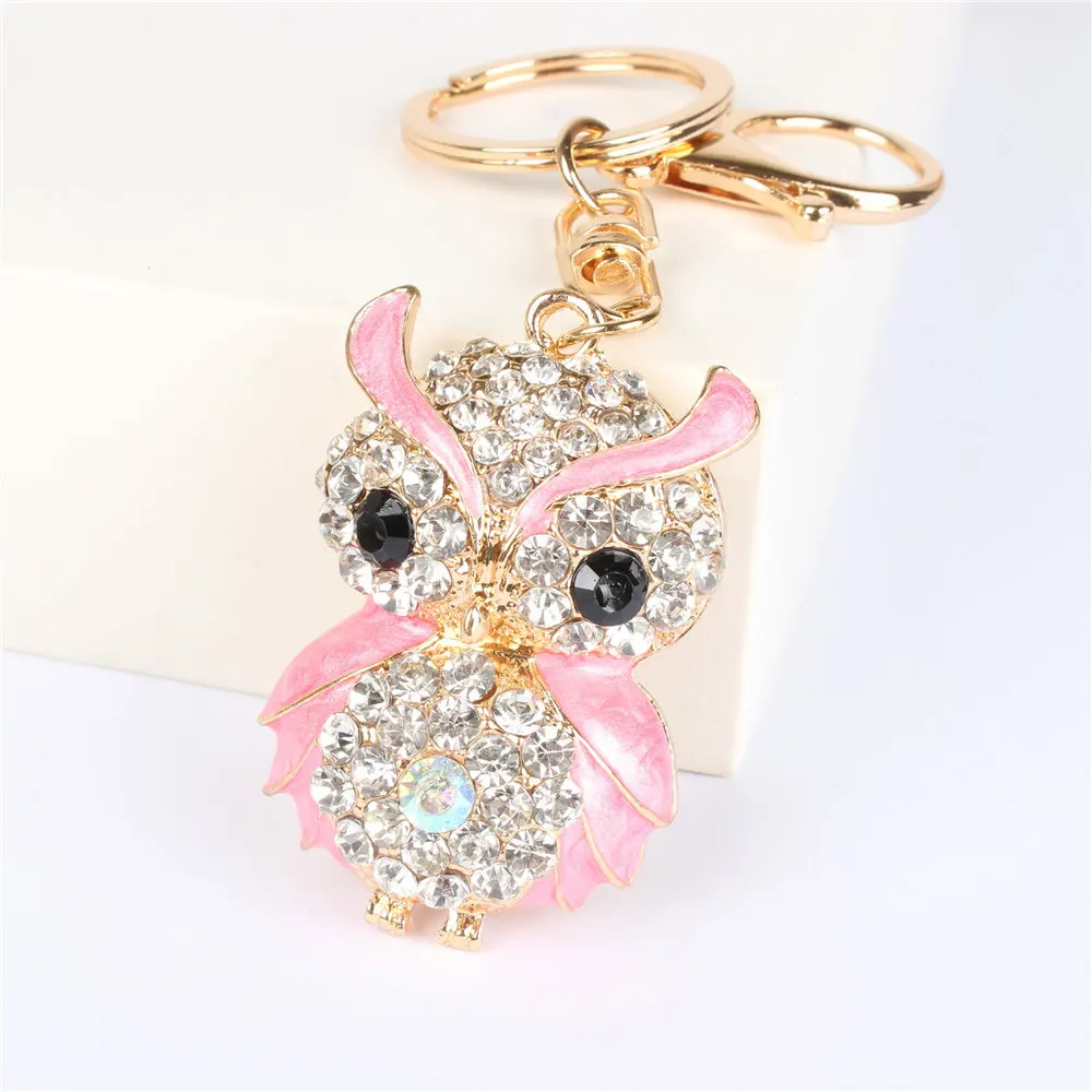 Pink Owl Bird Charm Pendant Rhinestone Crystal Key Ring Chain Gift Accesories