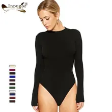 Женские осенние облегающие комбинезоны с круглым вырезом и длинным рукавом, однотонные сексуальные женские боди, Комбинезоны