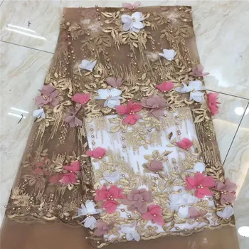 

Pretty 3D Flowers Tulle Lace African French Lace Fabric Beaded High Quality Gold Embroidered Net Lace Fabric for Party H1357