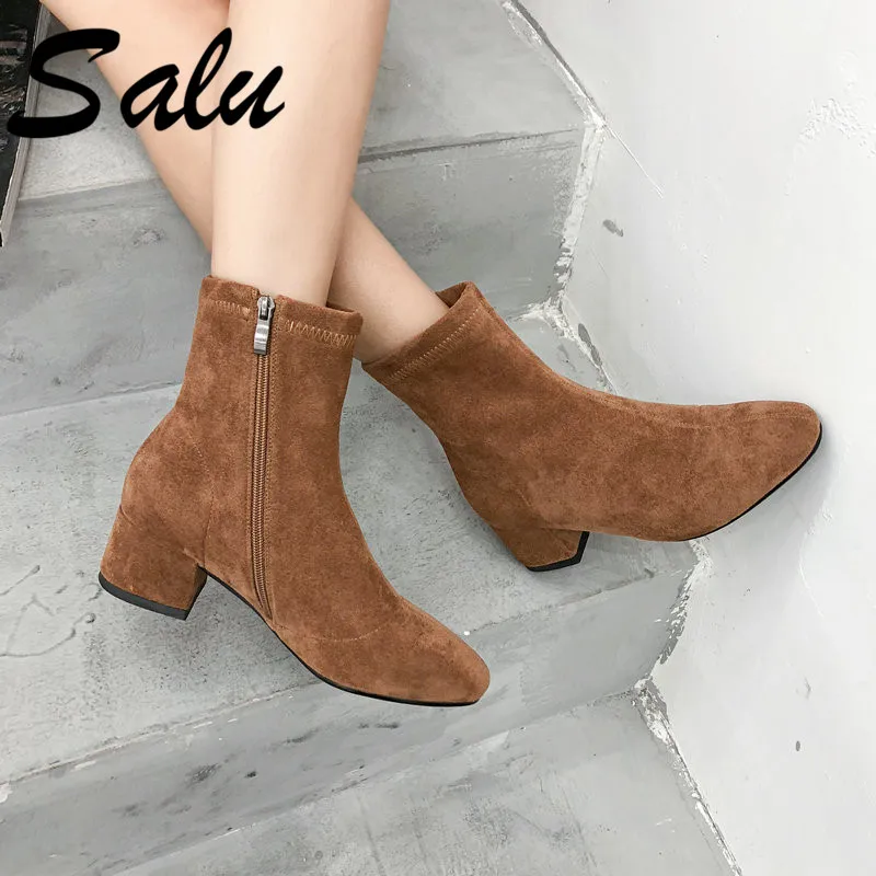

Salu Brand Fashion Flaco Leather Women Boots Cow Suede Sexy Ankle Boots Round Toe Winter Shoes Women Boots 34-40