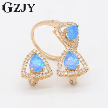 

GZJY Jewelry Sets Blue Fire Opal Gold Color Earrings Ring Set For Women Women Engagement Party Jewelry