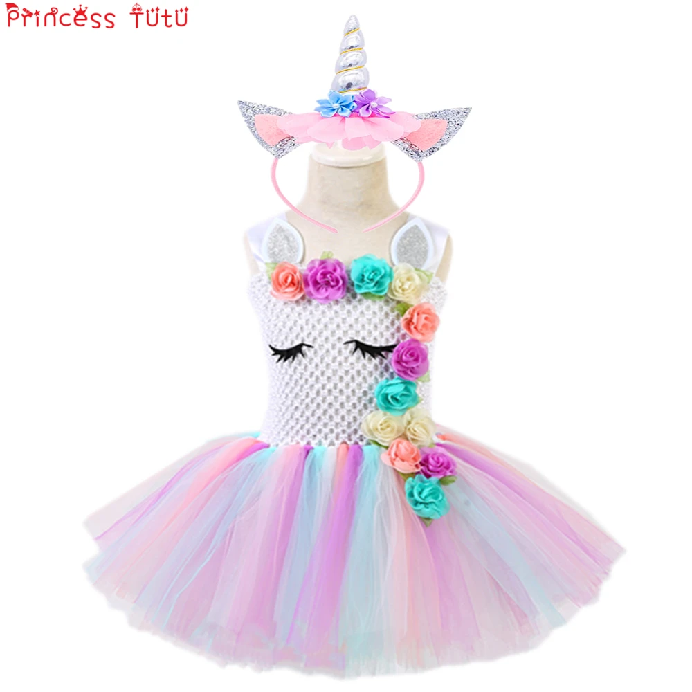 Unicorn Theme Birthday Party Dress Set Girl Floral Tutu Dress Christmas